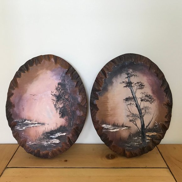Hand Painted Forest Scene Wood Look Resin Wall Hangings Set of 2 Artist N Cywink - Picture 1 of 5